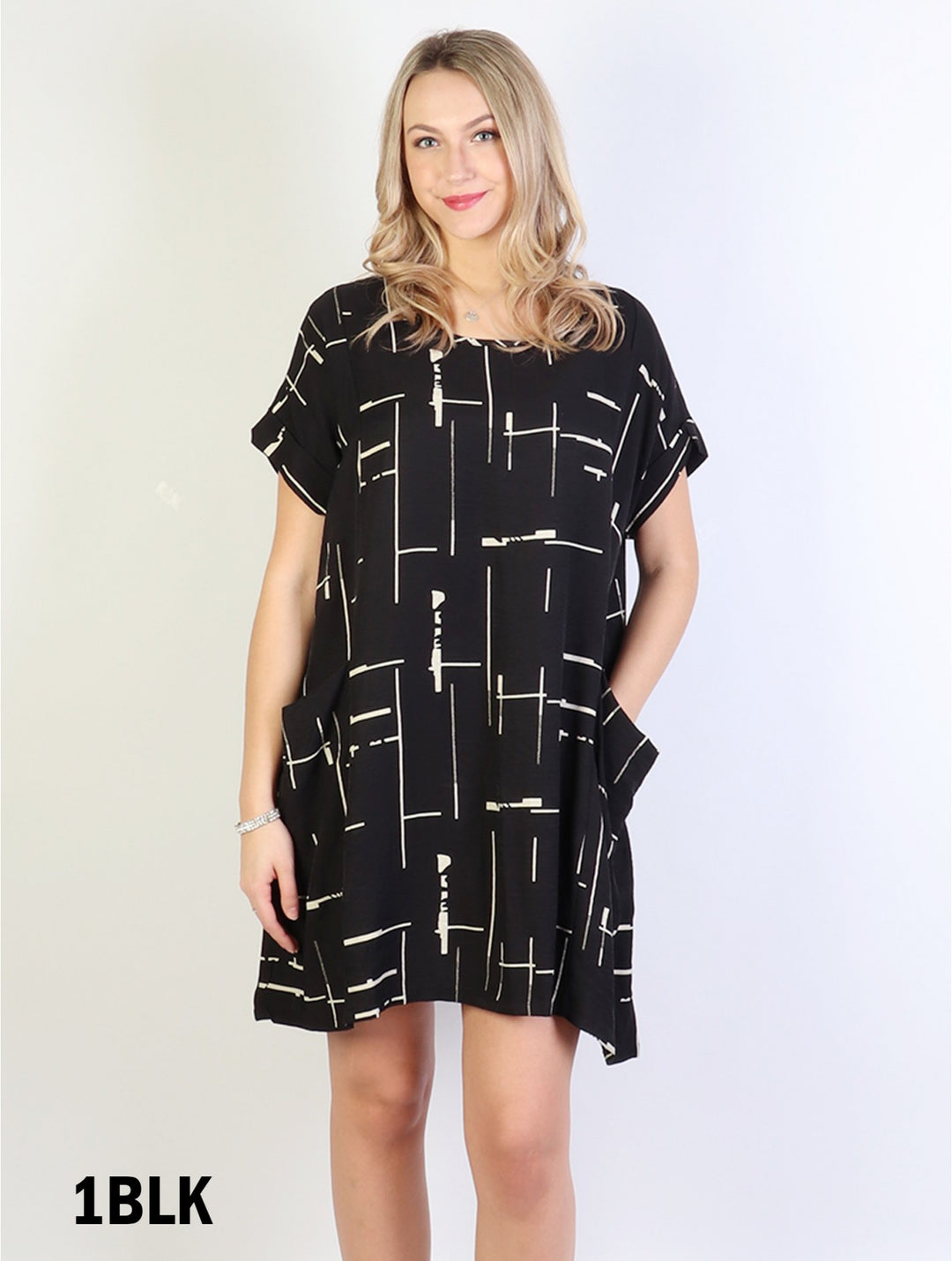 Cherie Bliss Linear Print Shift Dress W/ Pockets