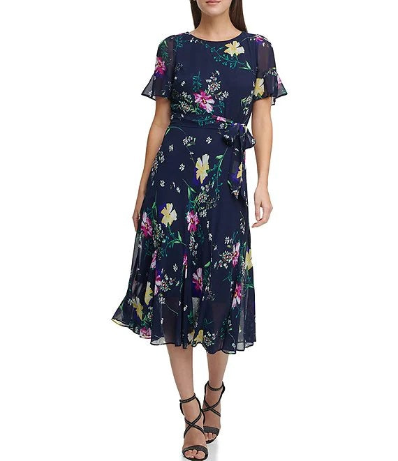 DKNY Flutter Sleeve Floral Chiffon Midi Dress