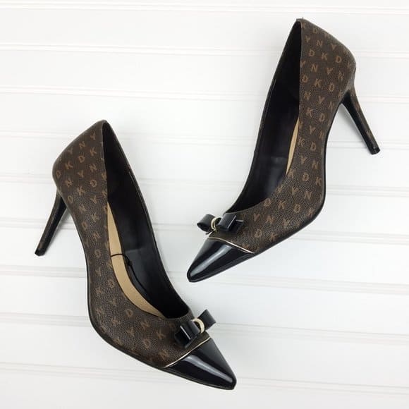 DKNY Brown Logo Bow Patent Pointy Toe Pumps