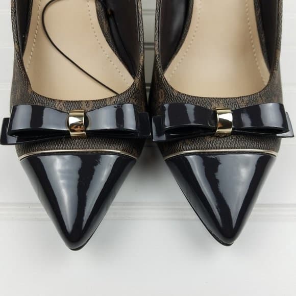 DKNY Brown Logo Bow Patent Pointy Toe Pumps