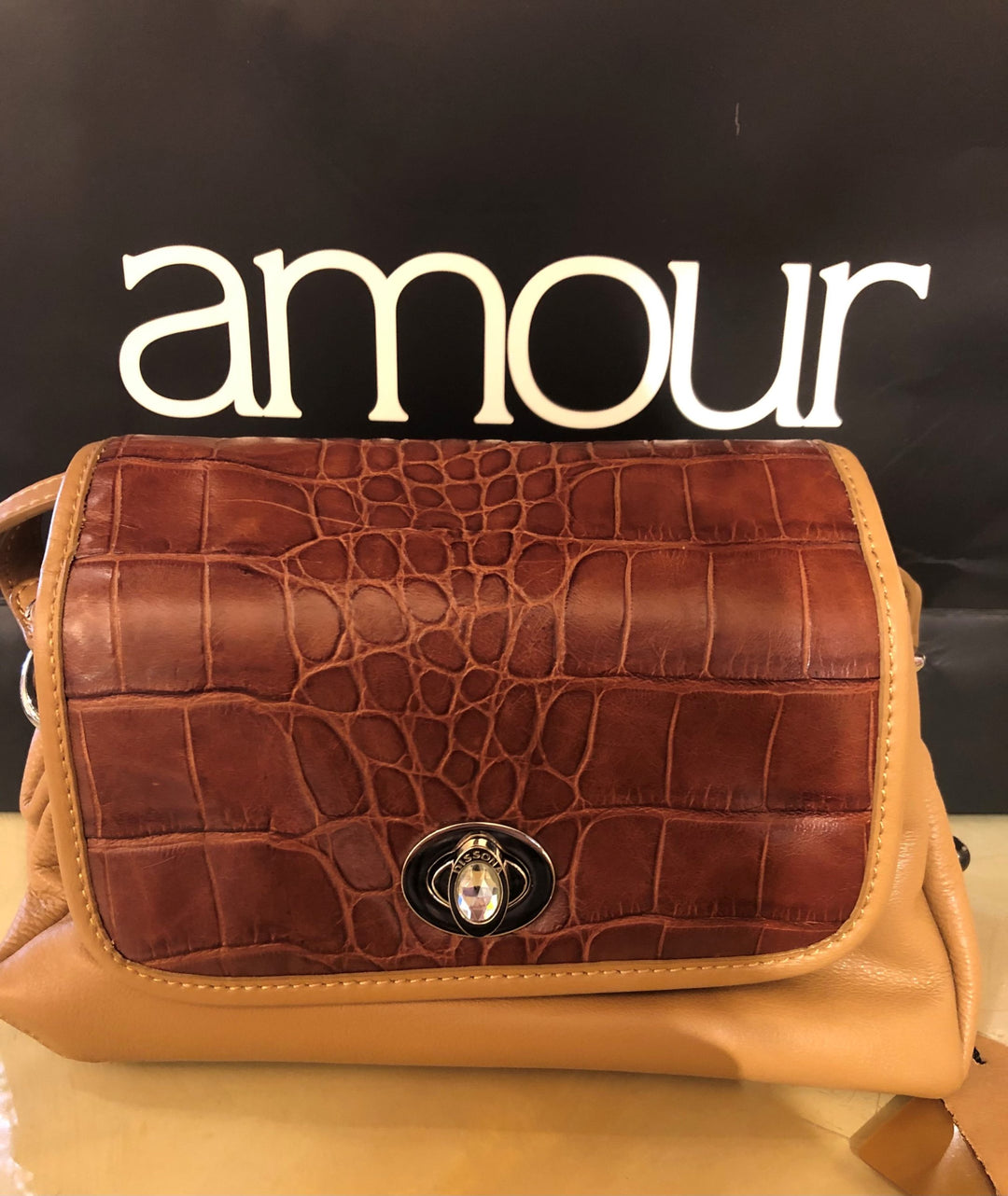 Dissona Croc Embossed Leather Crossbody Bag Shoulder Purse (Camel)