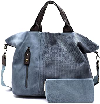 Le Miel Distressed Effect Vegan Leather Weekender + Wallet (Blue)
