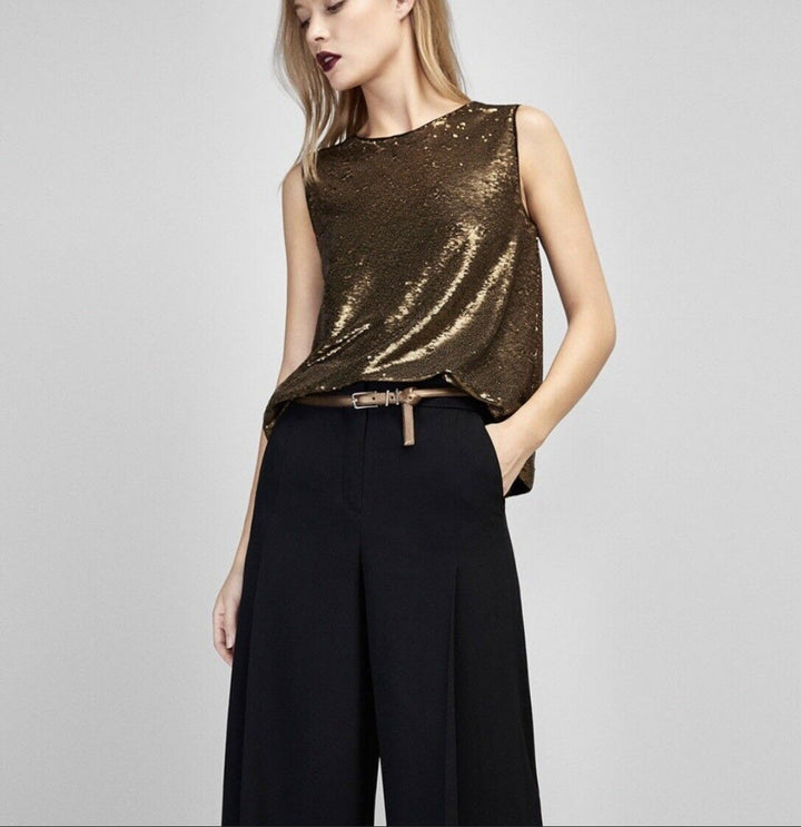 Massimo Dutti Gold Sequined Sleeveless Blouse Top