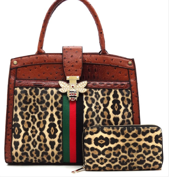 Ostrich Croc Leopard Queen Bee Stripe 2-in-1 Satchel