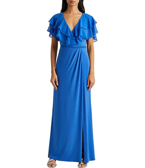Lauren Ralph Ruffle Short Sleeve Jersey Knit Gown