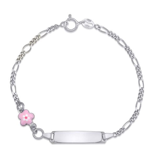 Unicorn J Kids Sterling Silver 925 ID Bracelet Figaro Chain Cute Flower with Pink Enamel 6.5"