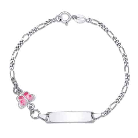 Unicorn J Kids Sterling Silver 925 ID Bracelet Figaro Chain Cute Butterfly with Pink Enamel 6.5"
