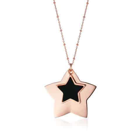 Unicorn Sterling Silver Large Layered Double Star Pendant Rose Gold Plated 28" (UJP-8026-RGP-BLK)