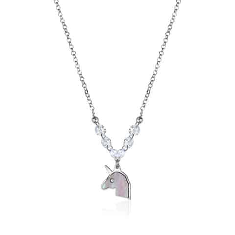 Unicorn Sterling Silver Unicorn Necklace Pendant with Mother of Pearl Inlay and Diamond Crystals 17 UJP-8030-SRH