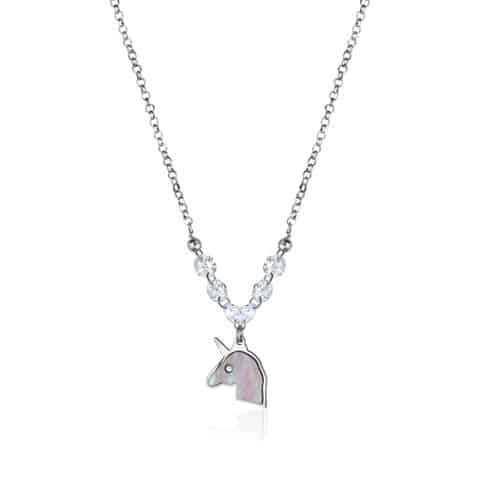 Unicorn Sterling Silver Unicorn Necklace Pendant with Mother of Pearl Inlay and Diamond Crystals 17"