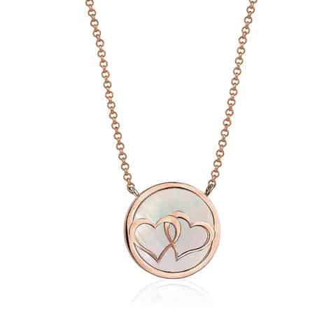 Unicorn J Sterling Silver Necklace Double Hearts Linked Circle Rose Gold Plated Mother of Pearl