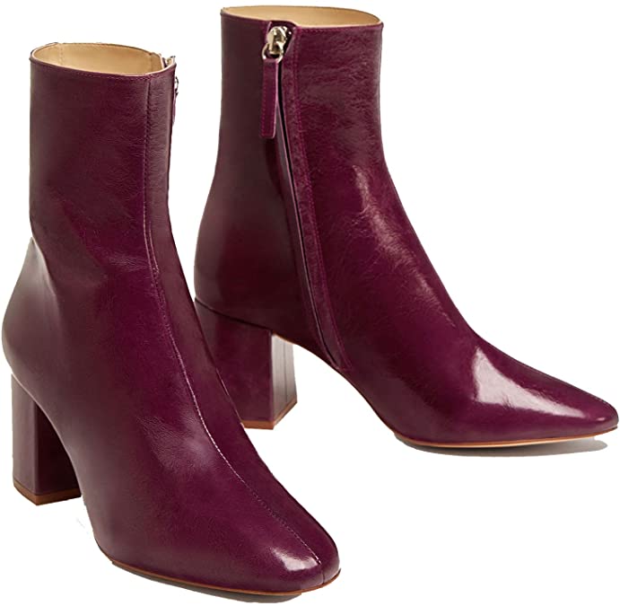 ZARA Women Leather Ankle Boots with Block Heel