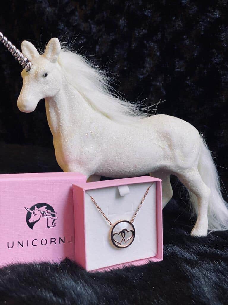 Unicorn J Sterling Silver Necklace Double Hearts Linked Circle Rose Gold Plated Mother of Pearl