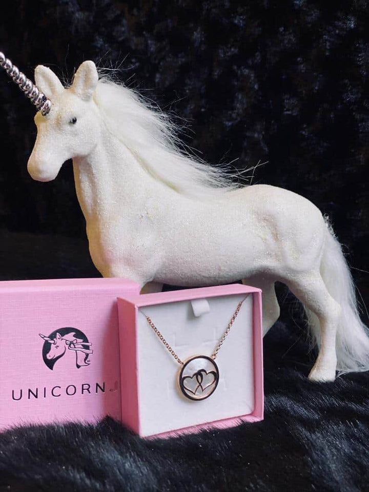 Unicorn J Sterling Silver Necklace Double Hearts Linked Circle Rose Gold Plated Mother of Pearl