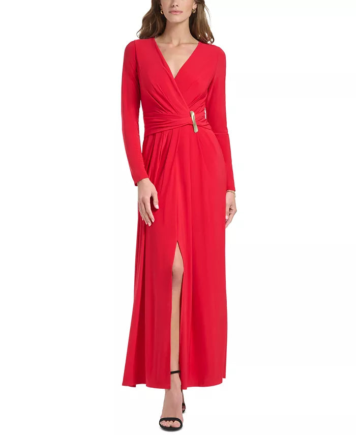 DKNY Long-Sleeve V-Neck Gown