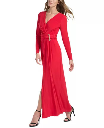 DKNY Long-Sleeve V-Neck Gown