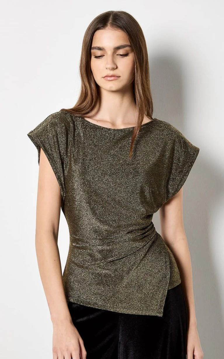 Apricot- Sparkle Side Ruched Wrap Top in Gold X153756