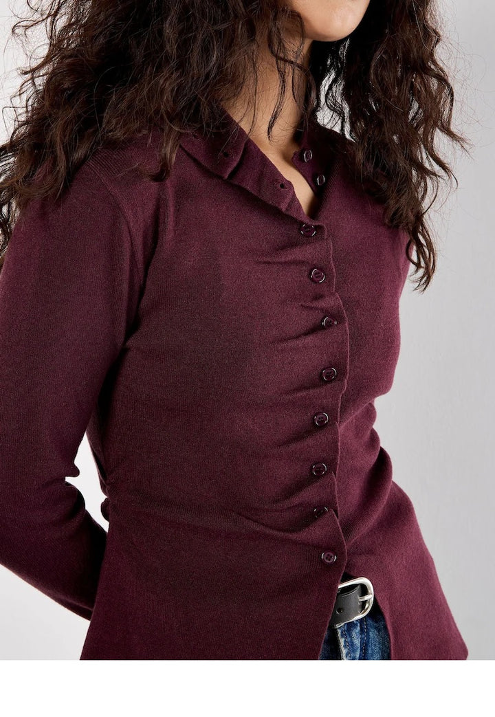 Apricot Red Pleat Button Knit Top X135134