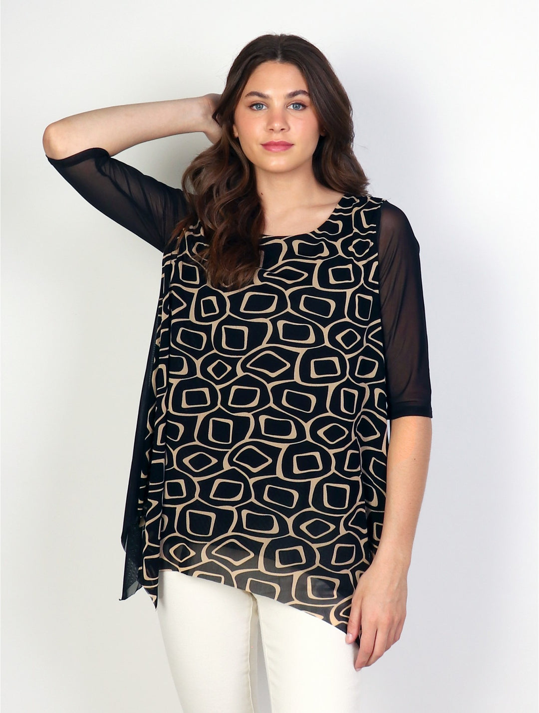 Cherie Bliss Mesh Short Sleeved Top with Abstract patterns