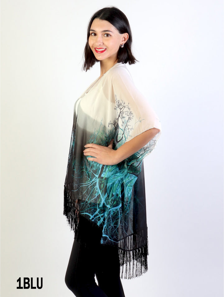 Cherie Bliss Loose-Fitting Chiffon Kimono W/ Branches