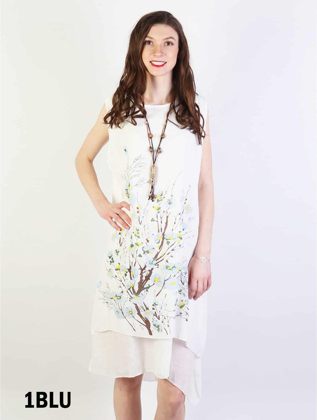 Layered Solid Shift Dress With Flower Tree Print