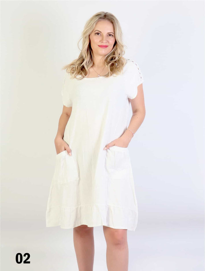 Shift Dress with Flowncy Edge.Cut-out Shoulder and Pockets