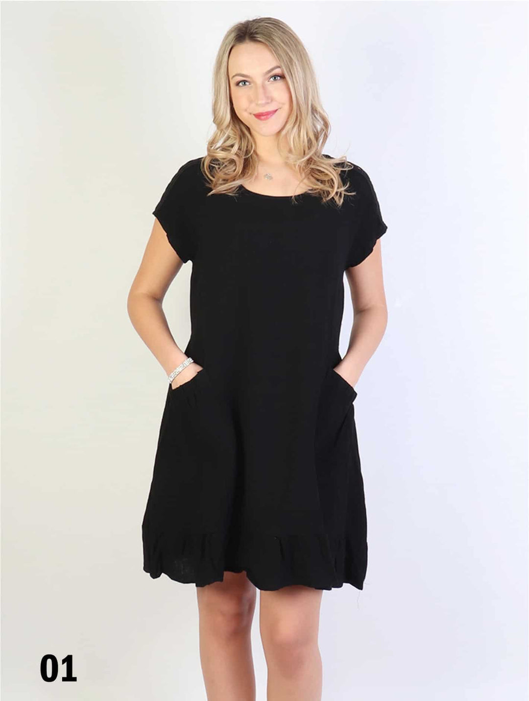 Shift Dress with Flouncy Edge. Cut-out Shoulder and Pockets