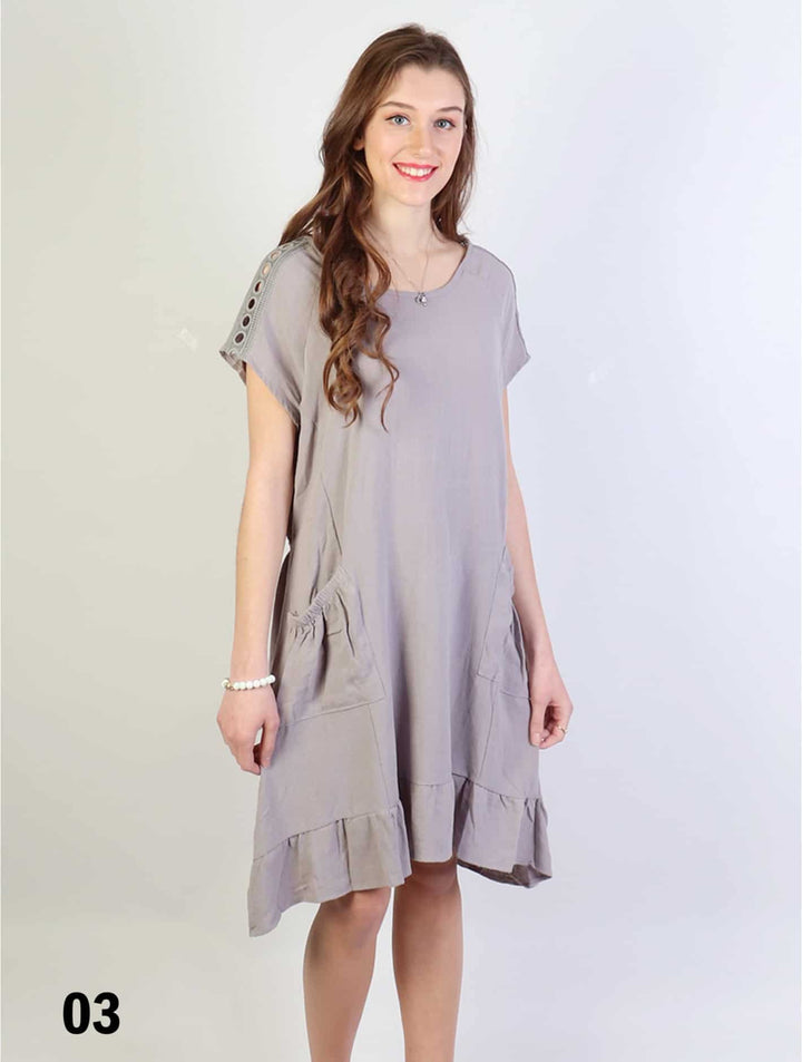 Shift Dress with Flowncy Edge.Cut-out Shoulder and Pockets