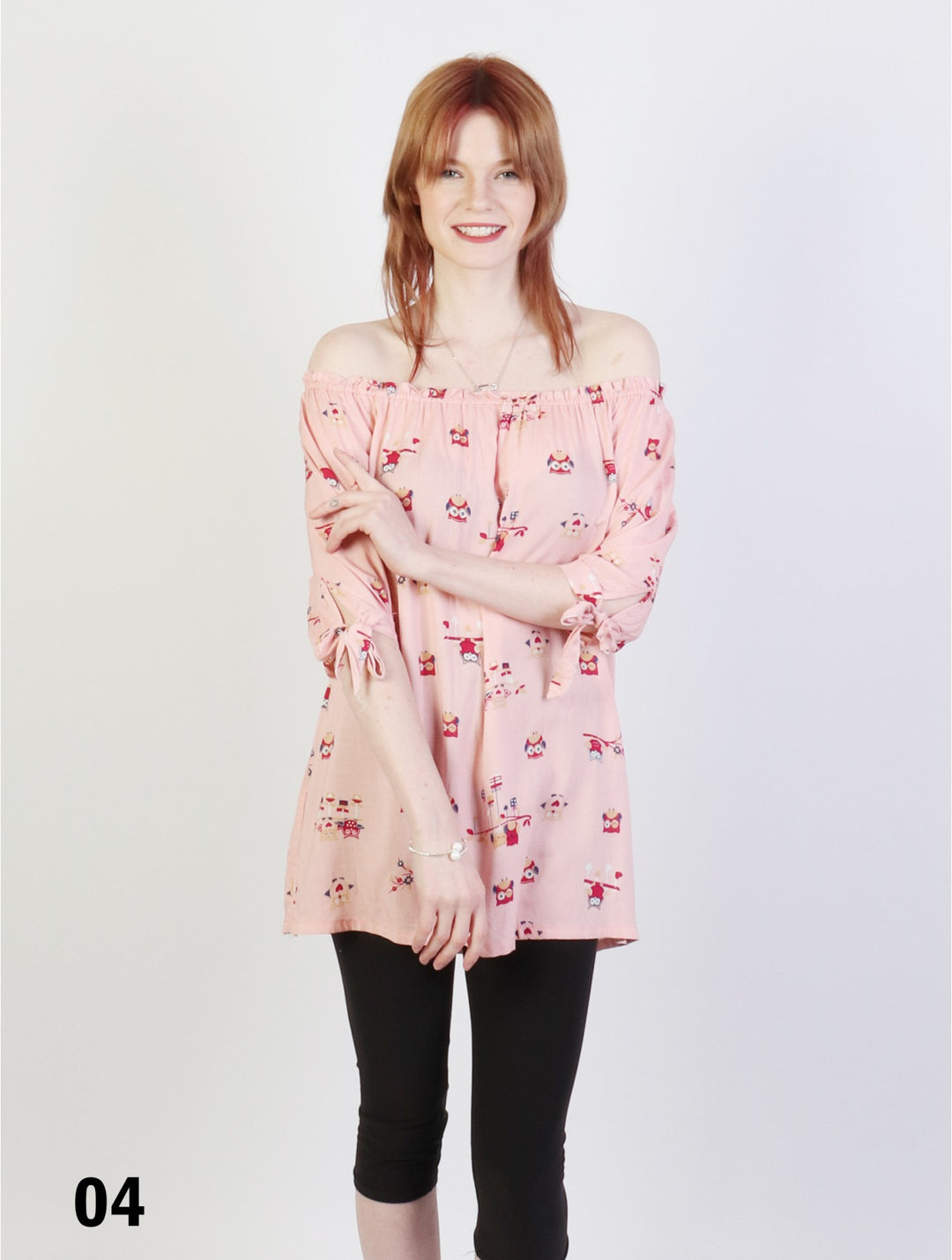 Cherie Bliss Off The Shoulder Owl Pattern Blouse W/ Ribbon Detail