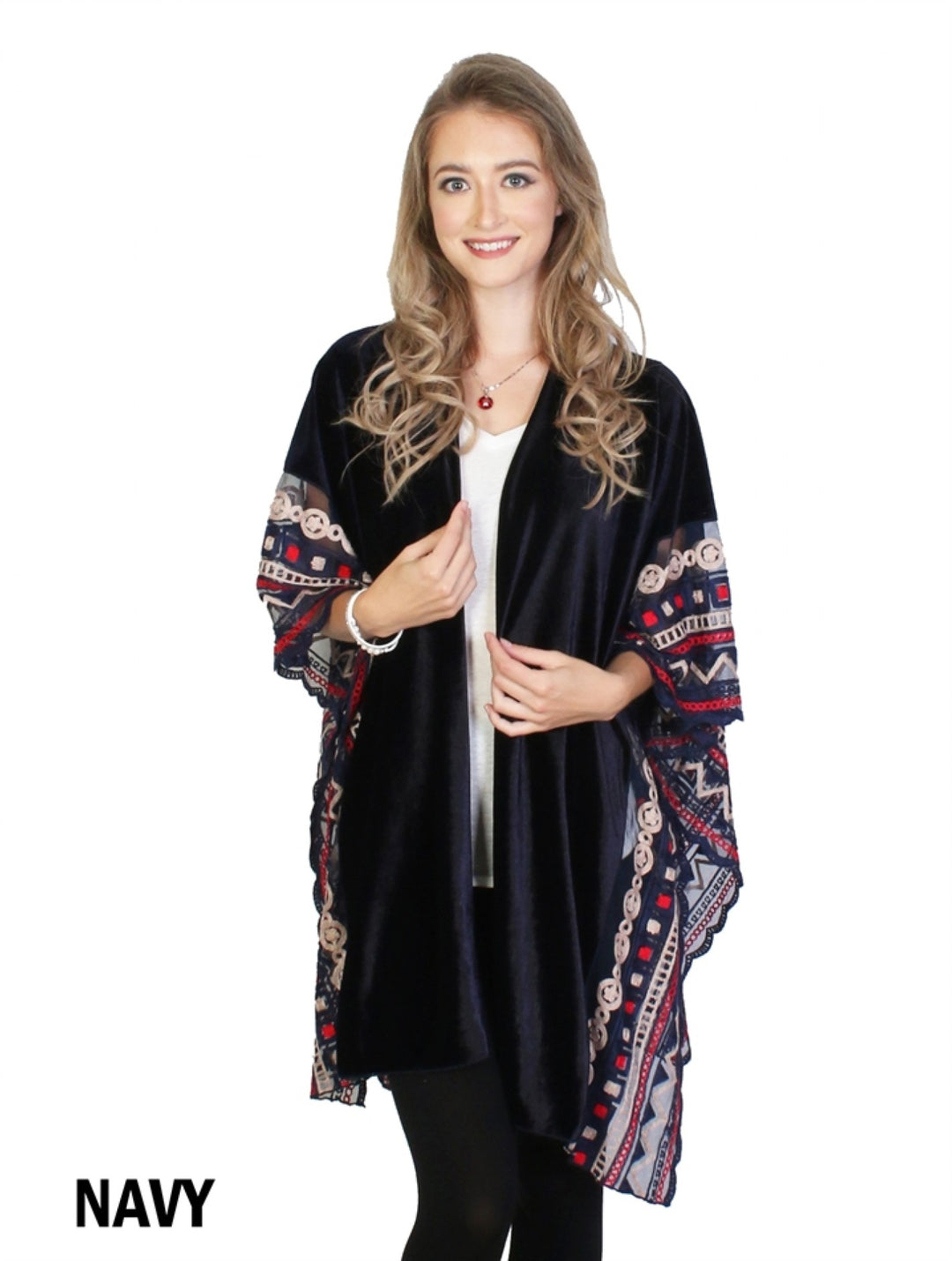 Cherie Bliss Velvet Cape Top W/ Geometric Mesh Embroidery