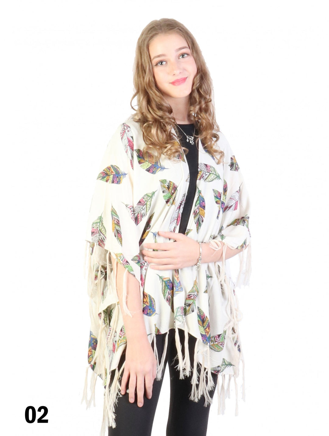 Cherie Bliss Feather Print Kimono W/ Tassel Detailing