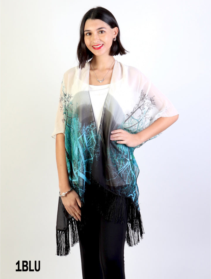 Cherie Bliss Loose-Fitting Chiffon Kimono W/ Branches