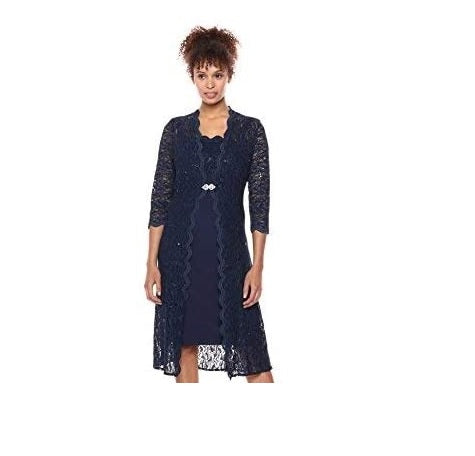 Alex Evenings Womens Elongated Lace Jacket with Short Empire Waist Dress