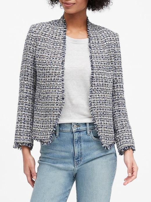 Banana Republic Collarless Metallic Tweed Blazer in Coastal Blue