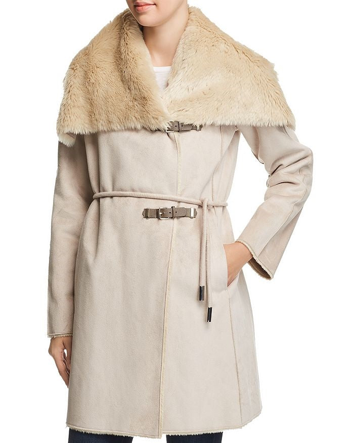 Calvin Klein Womens Faux Shearling Jacket with Faux Fur Collar and Buckle Closure