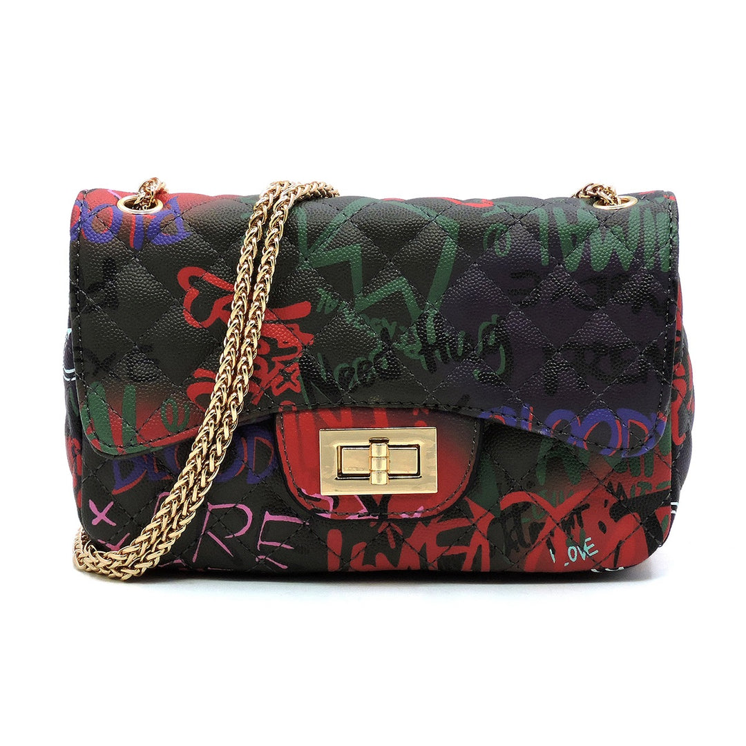 Multicolor Quilted Graffiti Print Crossbody Bag