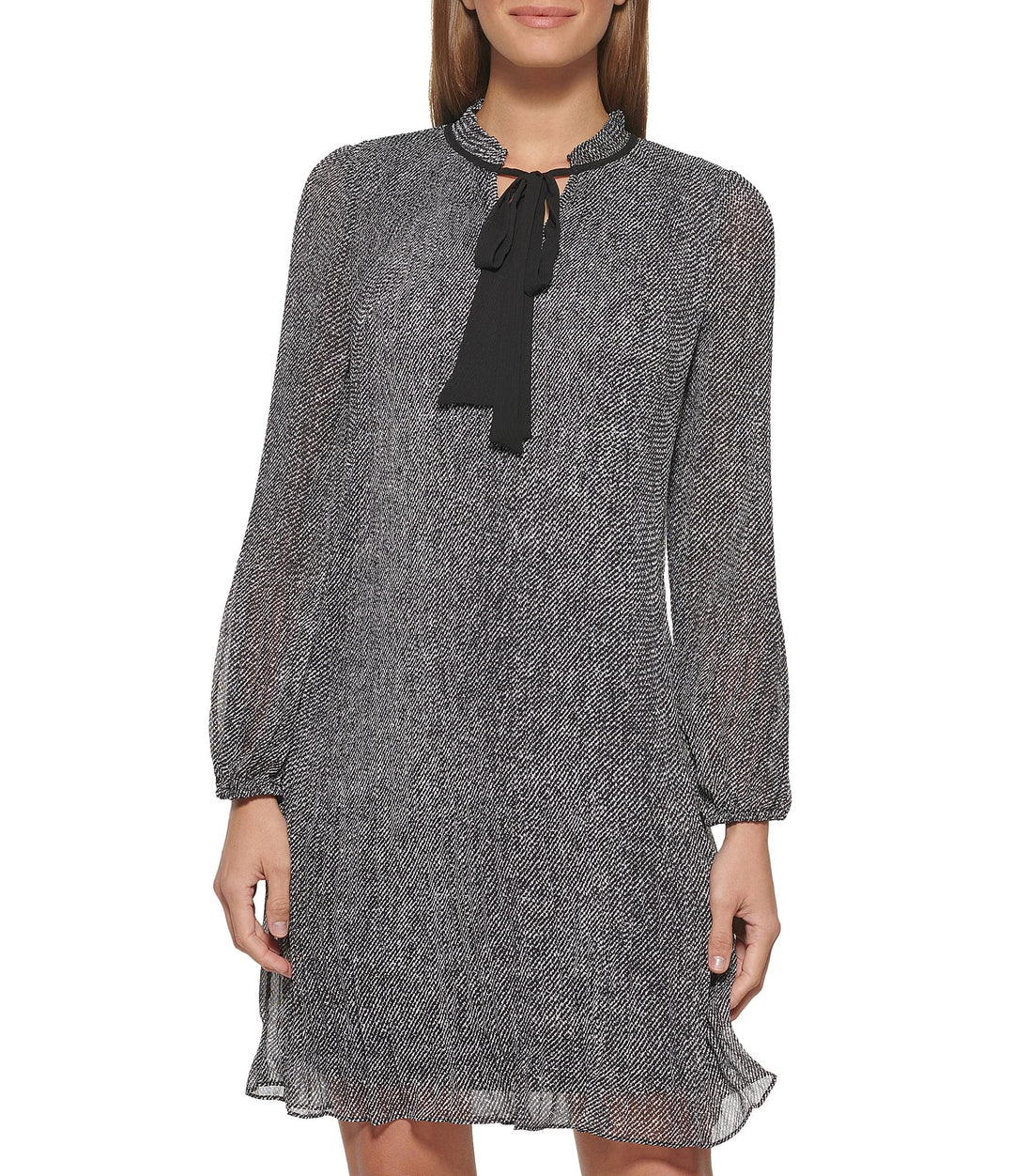 DKNY Long Sleeve Tie Mock Neck Pleated Hem Chiffon Dress