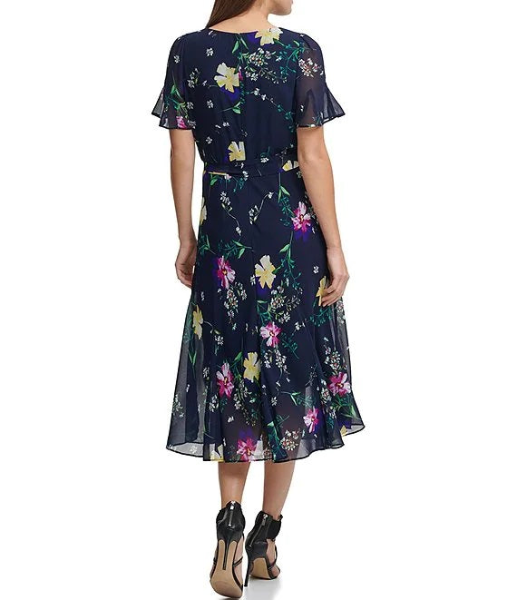 DKNY Flutter Sleeve Floral Chiffon Midi Dress