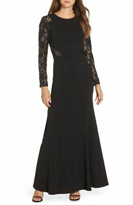 Eliza J Black Embellished Sequin Lace Long Sleeve Gown