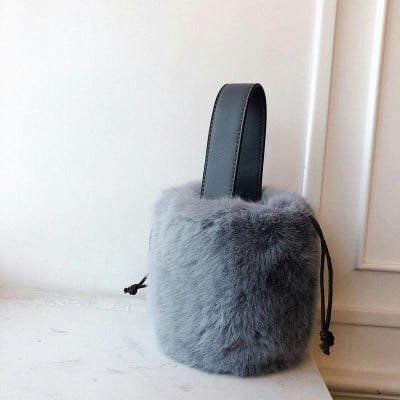 Cherie Bliss Grey Faux Fur Bucket Bag