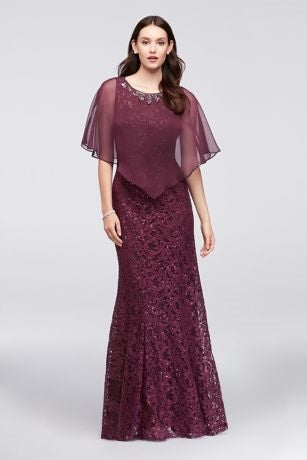 Ignite Evening Lace Mermaid Dress with Beaded Capelet 2 Piece Set