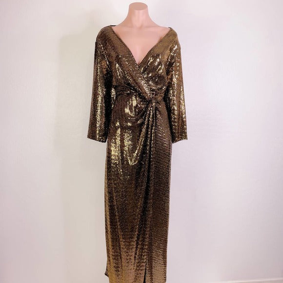 JM STUDIO Gold Metallic Sequin Maxi Wrap Dress