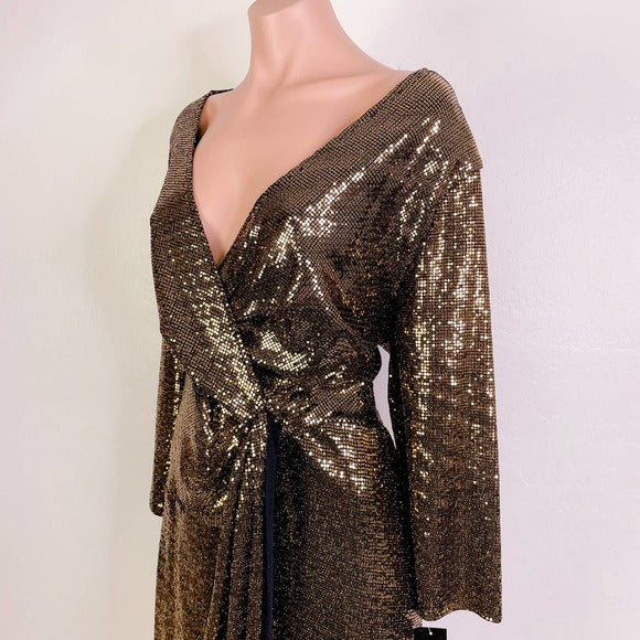 JM STUDIO Gold Metallic Sequin Maxi Wrap Dress