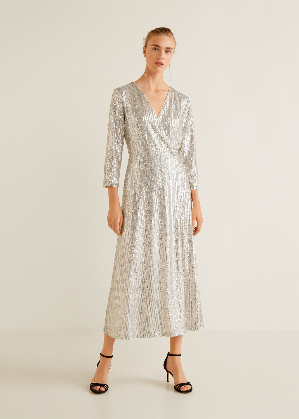 JM STUDIO Silver Metallic Sequin Maxi Wrap Dress