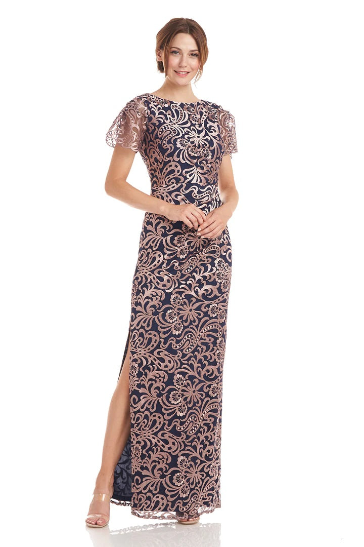 JS Collections Embroidered Mesh Flutter Gown