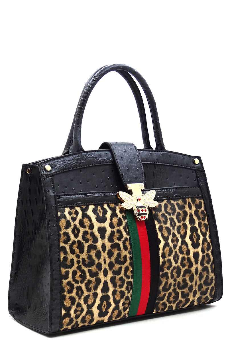 Ostrich Croc Leopard Queen Bee Stripe 2-in-1 Satchel