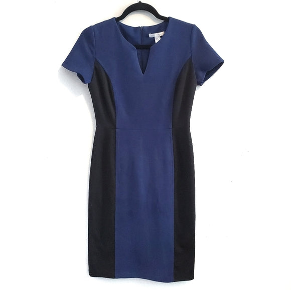 LONDON TIMES Navy Suede Cap Fitted Midi Dress