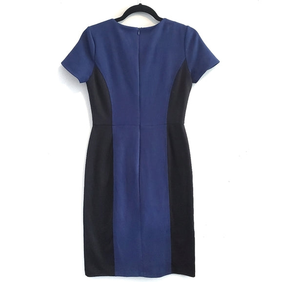 LONDON TIMES Navy Suede Cap Fitted Midi Dress