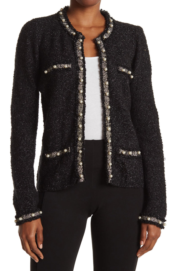 LOVE TOKEN Jazmine Faux Pearl Trim Glitter Knit Cardigan