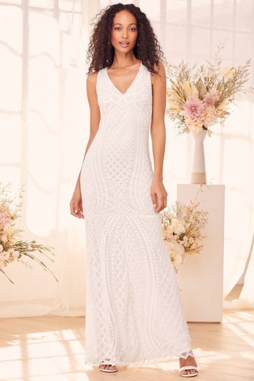 Lulus Alessandra White Beaded Sleeveless Mermaid Maxi Dress